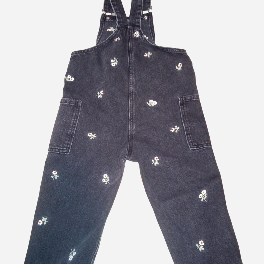 Floral Embroidered Black Overalls